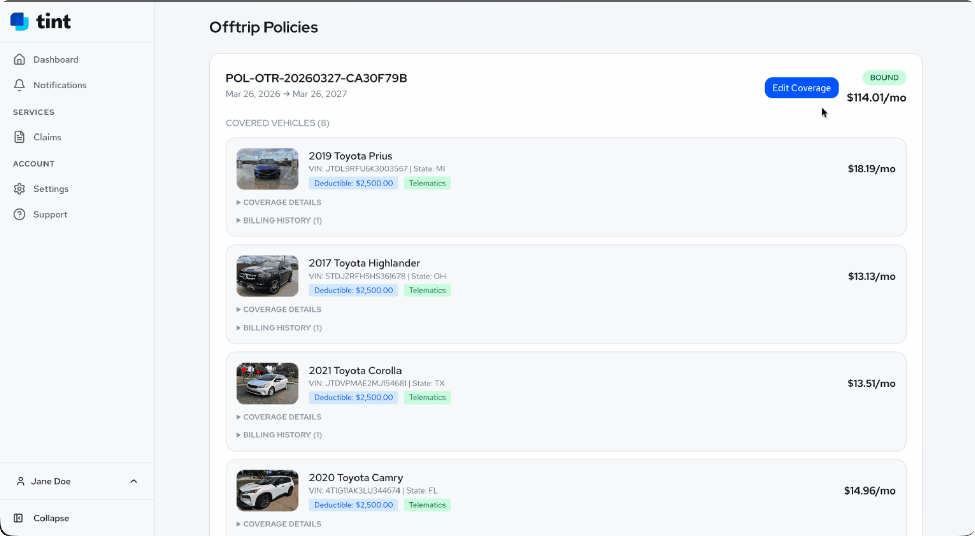 Tint platform fleet management screen showing vehicle coverage and policy details